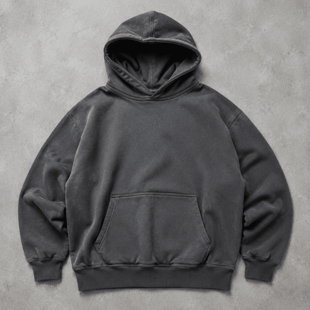 Heavyweight blank hoodie product photo, flat lay, studio lighting