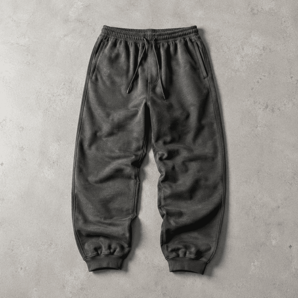 Blank jogger sweatpants product photo, flat lay, studio lighting
