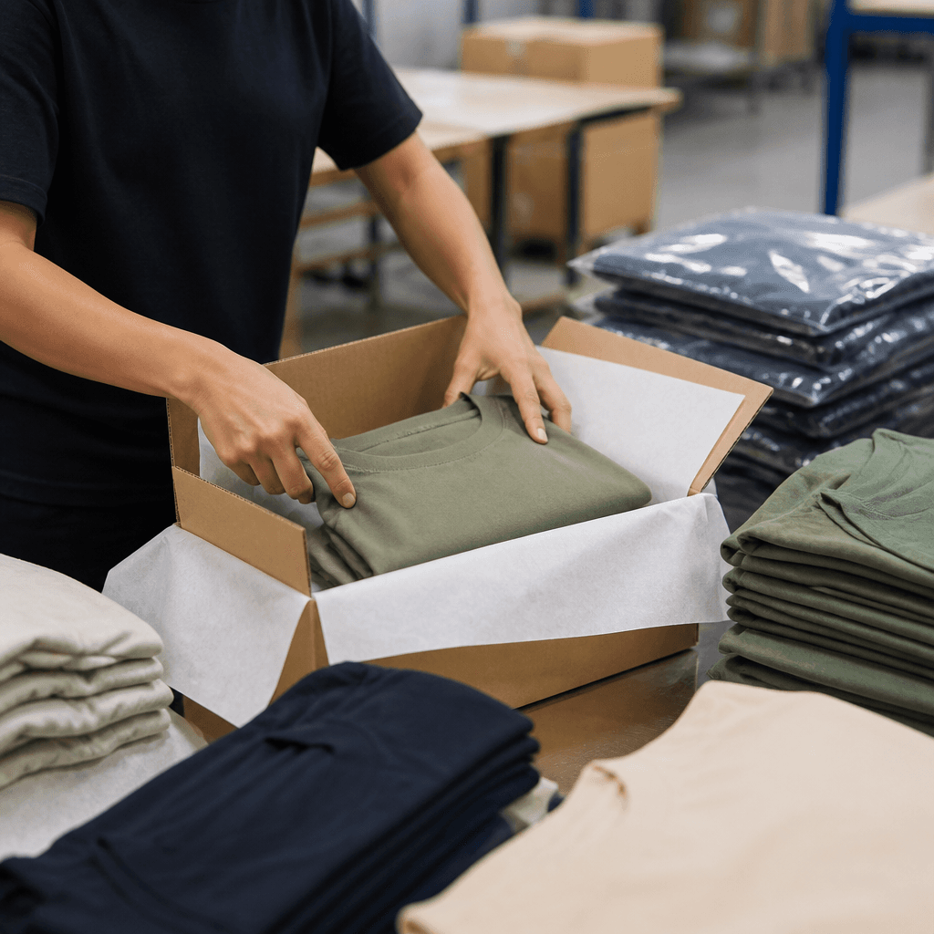Operator packing a finished garment with tissue at the SHENGDE packing station