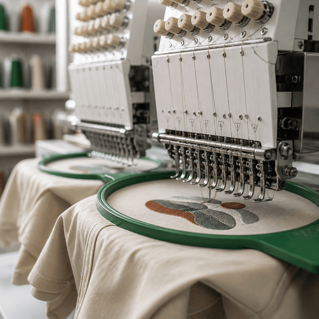 Multi-head embroidery machine stitching at the SHENGDE factory