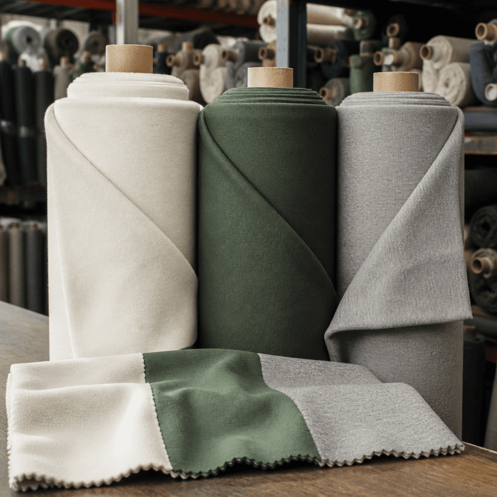 Premium fabric rolls and swatches in the SHENGDE fabric storeroom