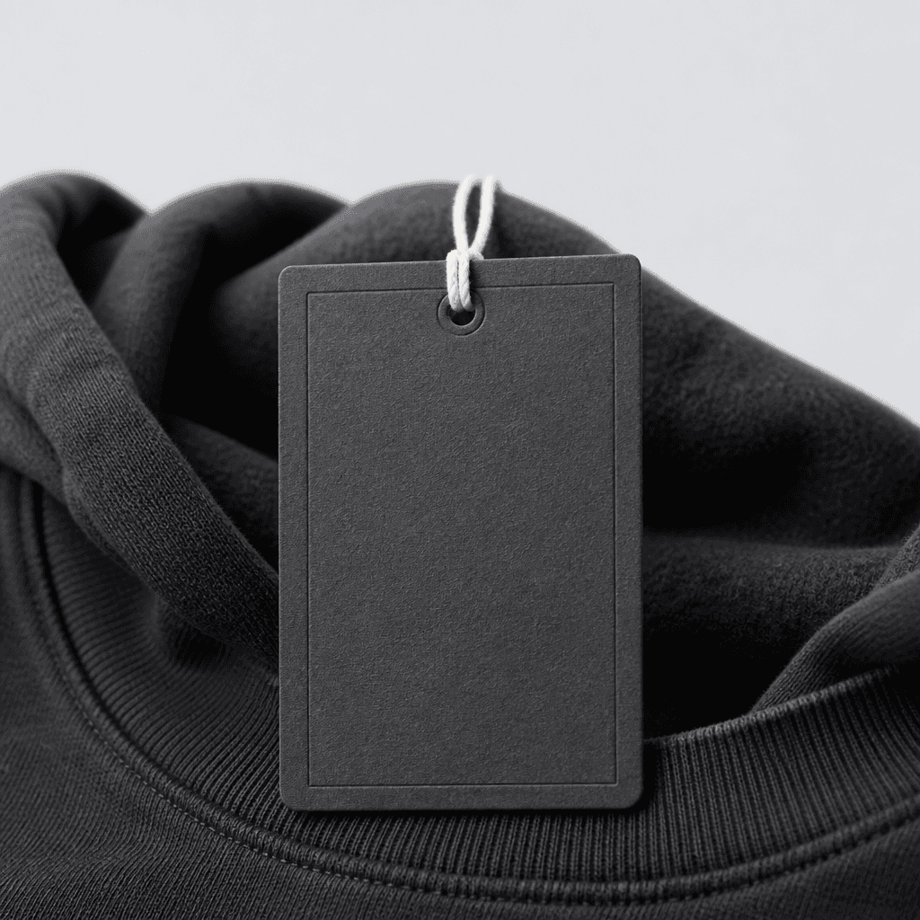 Branded paper hangtag attached to a heavyweight hoodie neckline, studio close-up