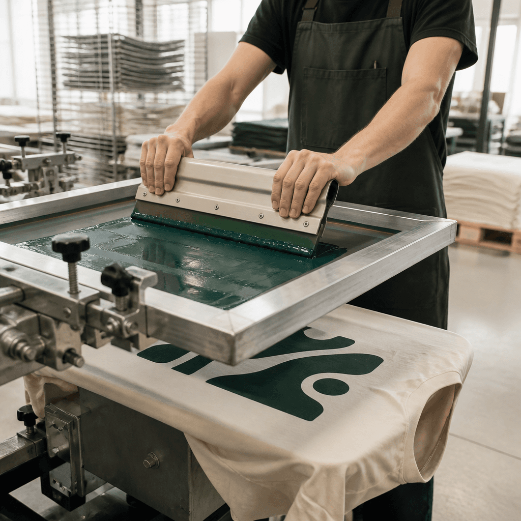 Operator pulling ink across a screen mesh in the SHENGDE printing workshop