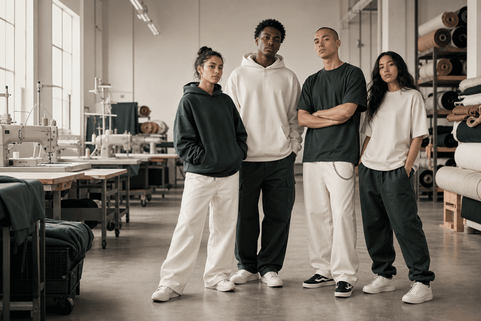 SHENGDE team wearing premium heavyweight blank streetwear in the Dongguan garment workshop