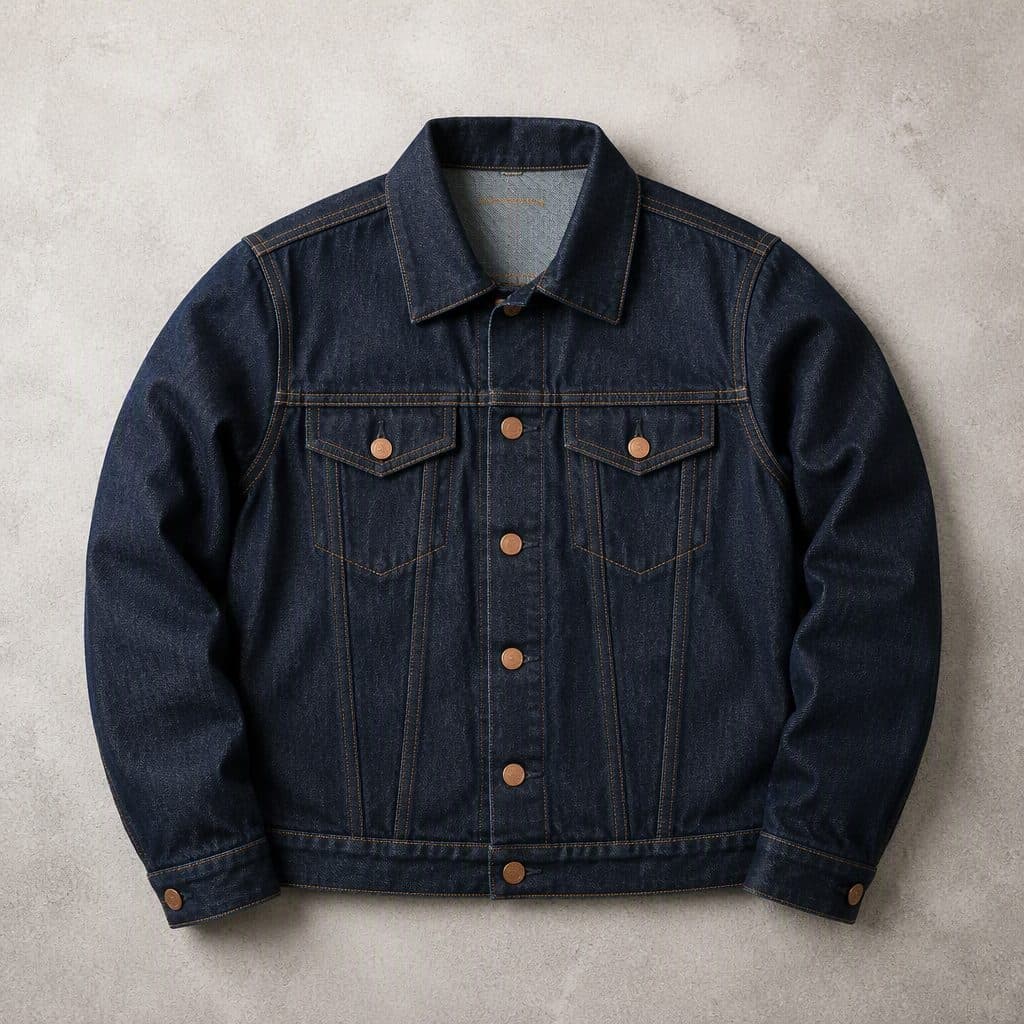 Custom 12 GSM Oversized Denim Jacket — Enzyme Wash product photo, flat lay, studio lighting