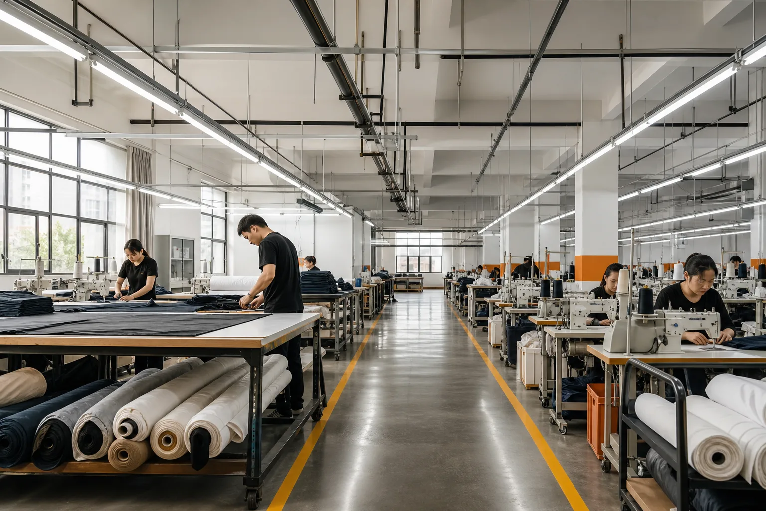 Apparel workshop overview — AI-generated manufacturing process illustration