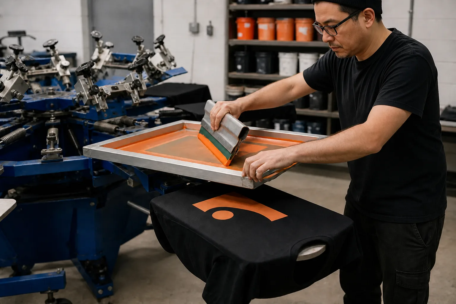 Screen printing setup for custom T-shirts in a Chinese apparel factory