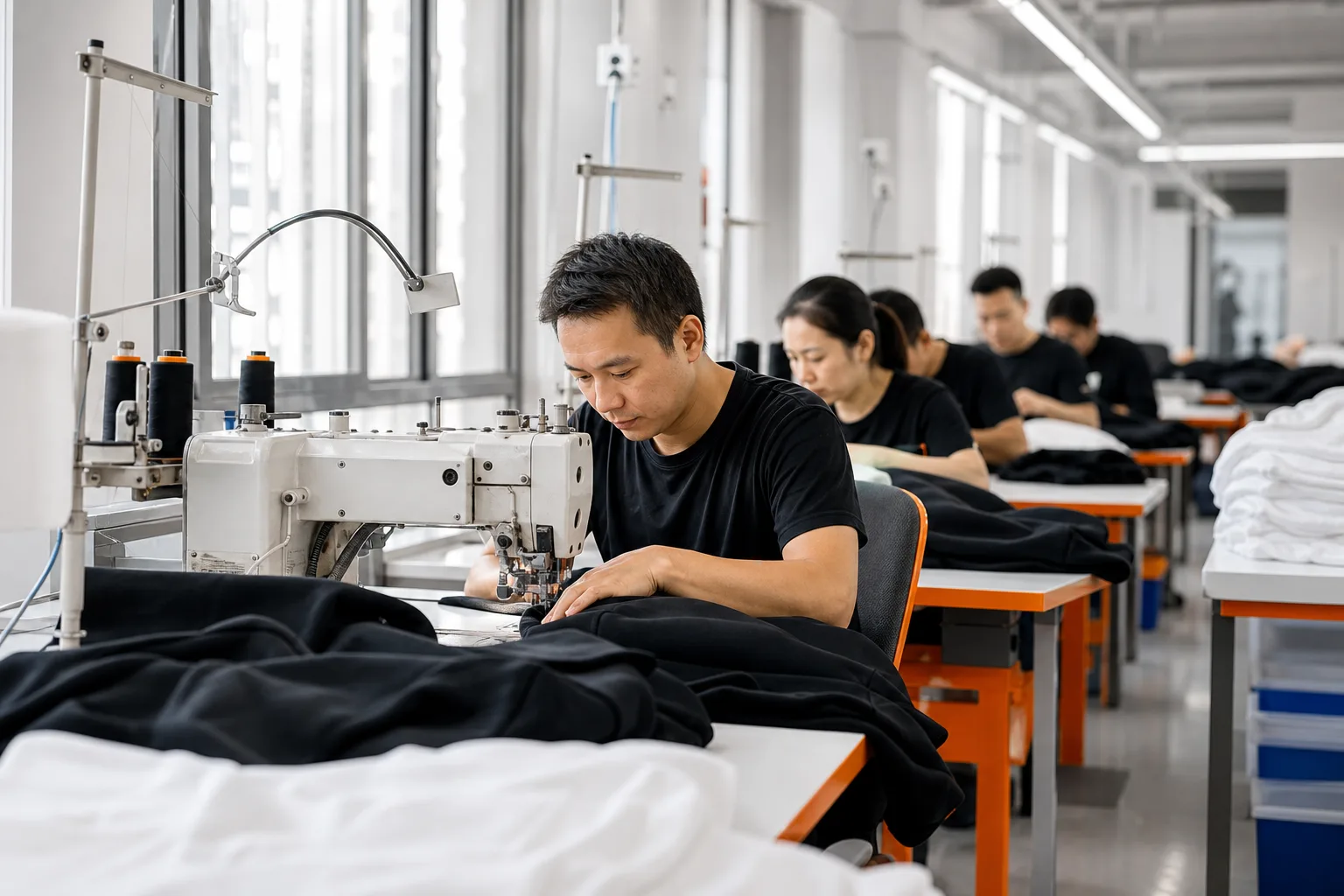 Chinese apparel production team working on a garment sewing line